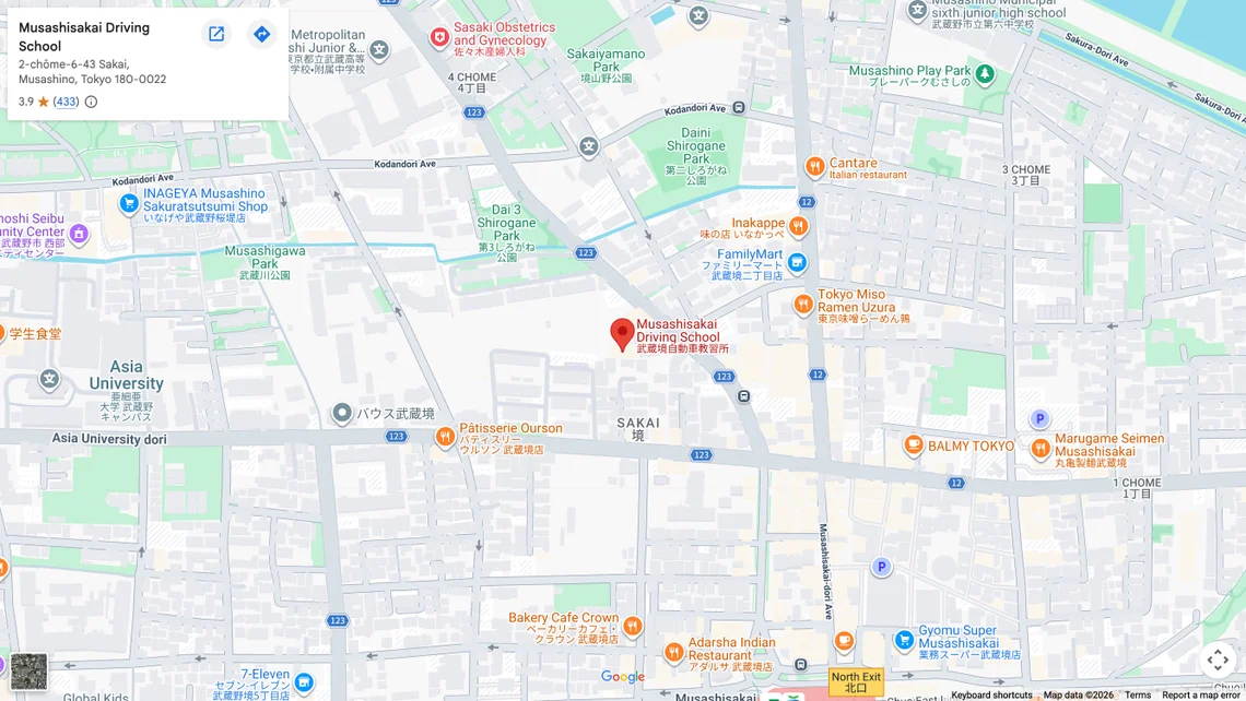 Map showing Musashisakai Driving School near Musashi-Sakai Station